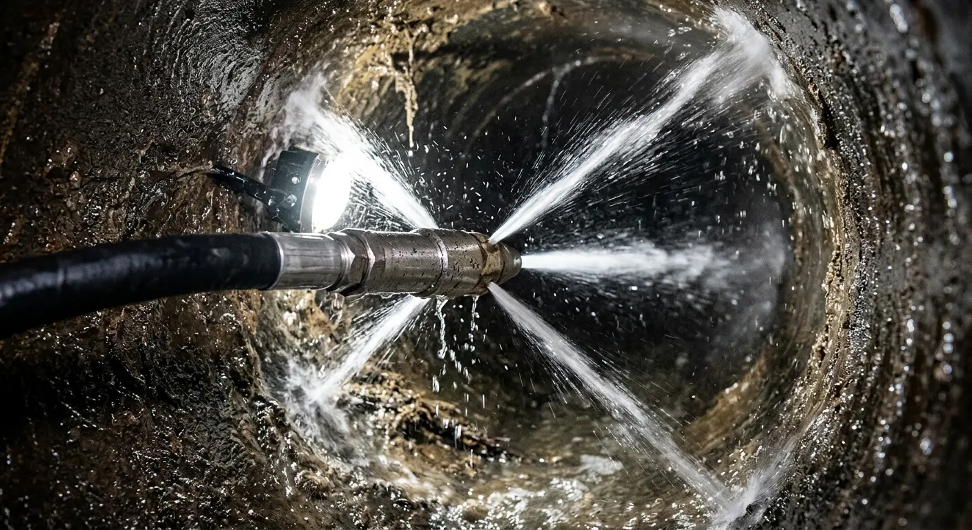 High-pressure hydro jetting nozzle cleaning sewer pipe for Trenchless Sewer Repair in Big Bear Lake