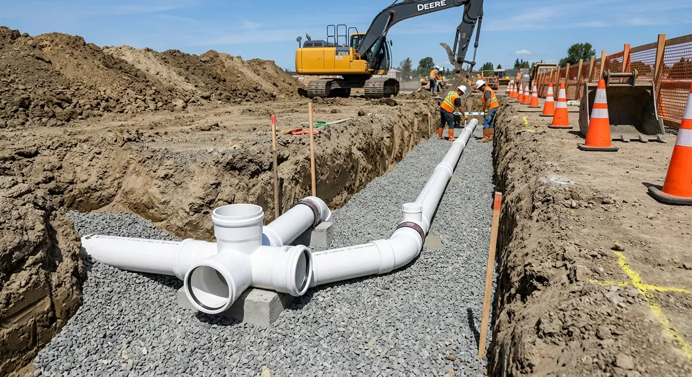 New PVC sewer pipe installation in open trench for Sewer Backup in Big Bear Lake