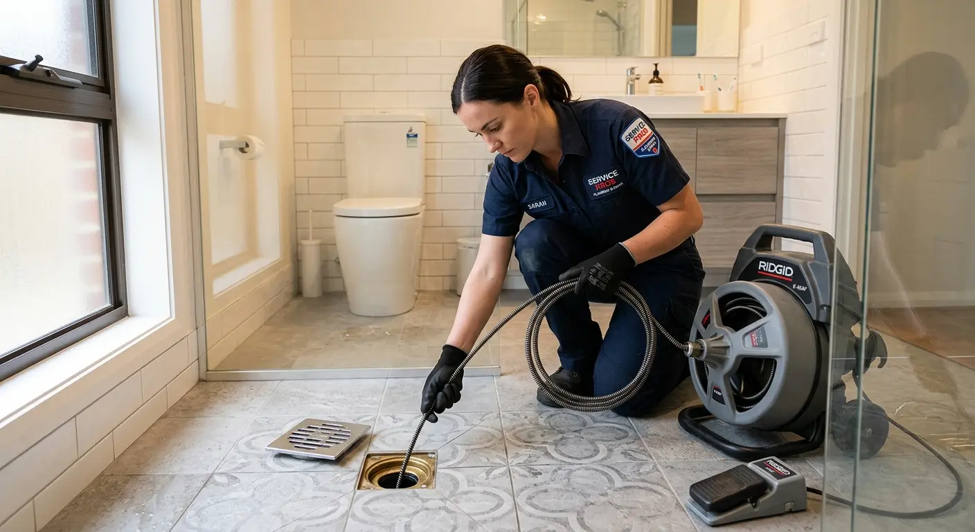 Technician clearing a bathroom floor drain for Drain Cleaning in Big Bear Lake